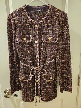 Misook Purple Brown Tweed Knit Braid Trim Button Front Jacket Sz S